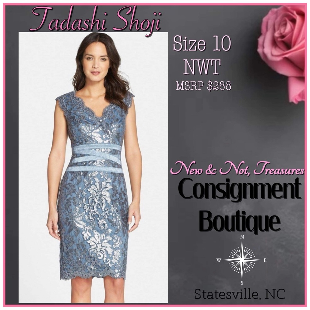 Tadashi Shoji Sheath Dress BlueSequin Embroidered Scalloped Lace Metallic NWT 10